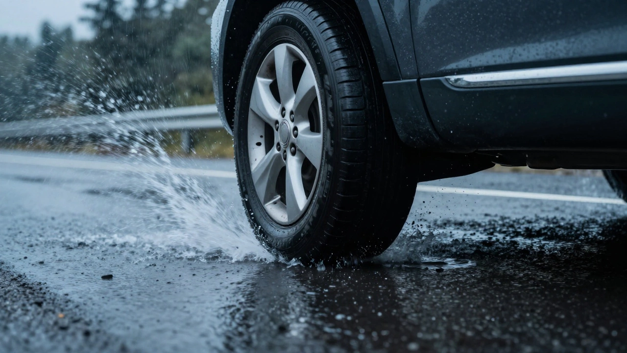 Автомобильное колесо на мокрой дороге в момент аквапланирования