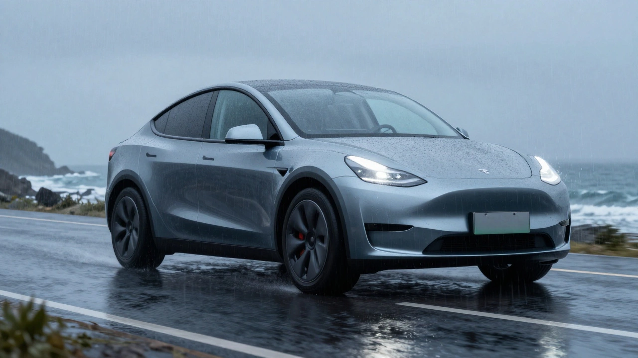 Электромобиль едет по мокрой дороге, демонстрируя сцепление всесезонных шин