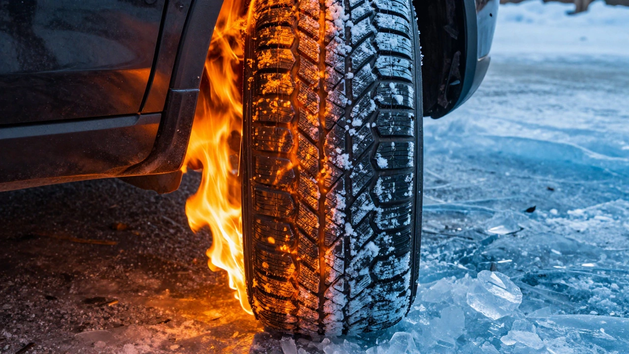 Концептуальное изображение шины между раскаленным асфальтом и обледенелой дорогой