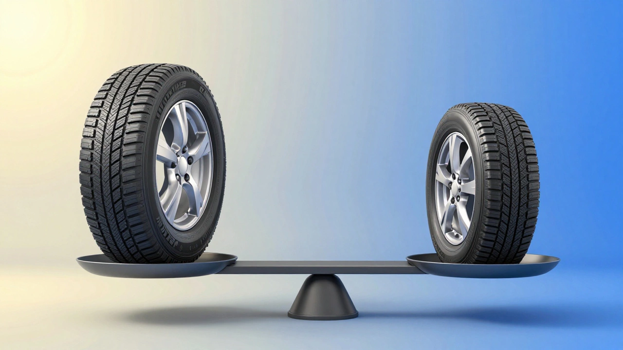 Концептуальное изображение всесезонной шины как компромисса между летней и зимней