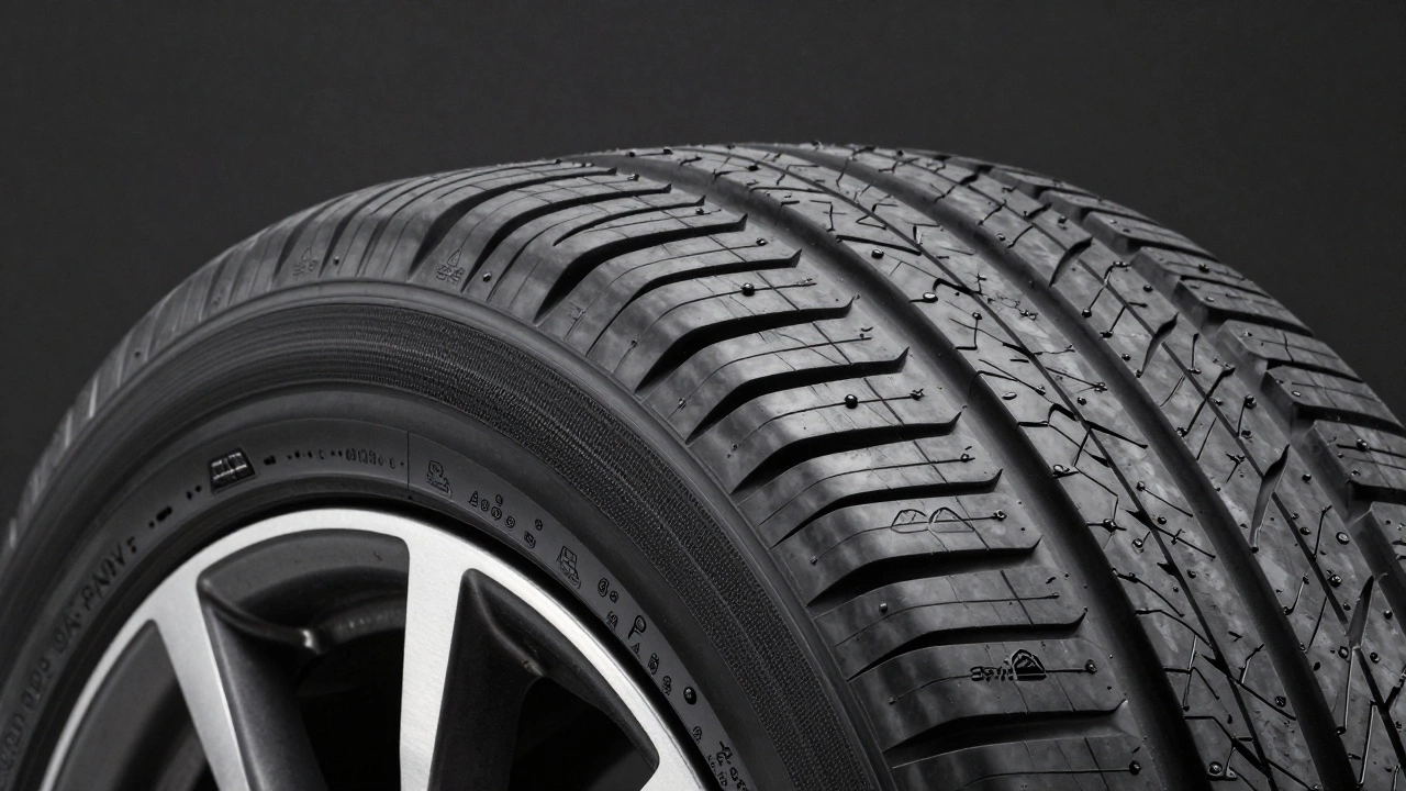 Крупный план маркировки 3PMSF (снежинка на горе) на боковине всепогодной шины