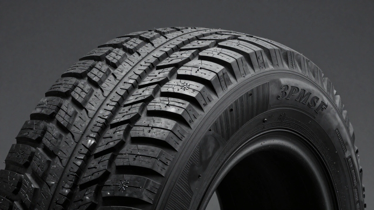 Макроснимок протектора всесезонной шины с маркировкой 3PMSF