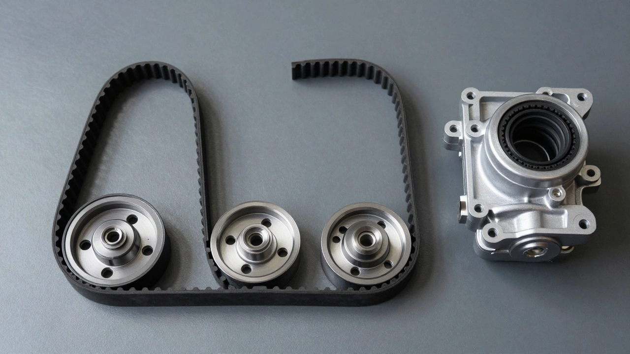 Новый комплект ремня ГРМ, роликов и помпы на рабочем столе