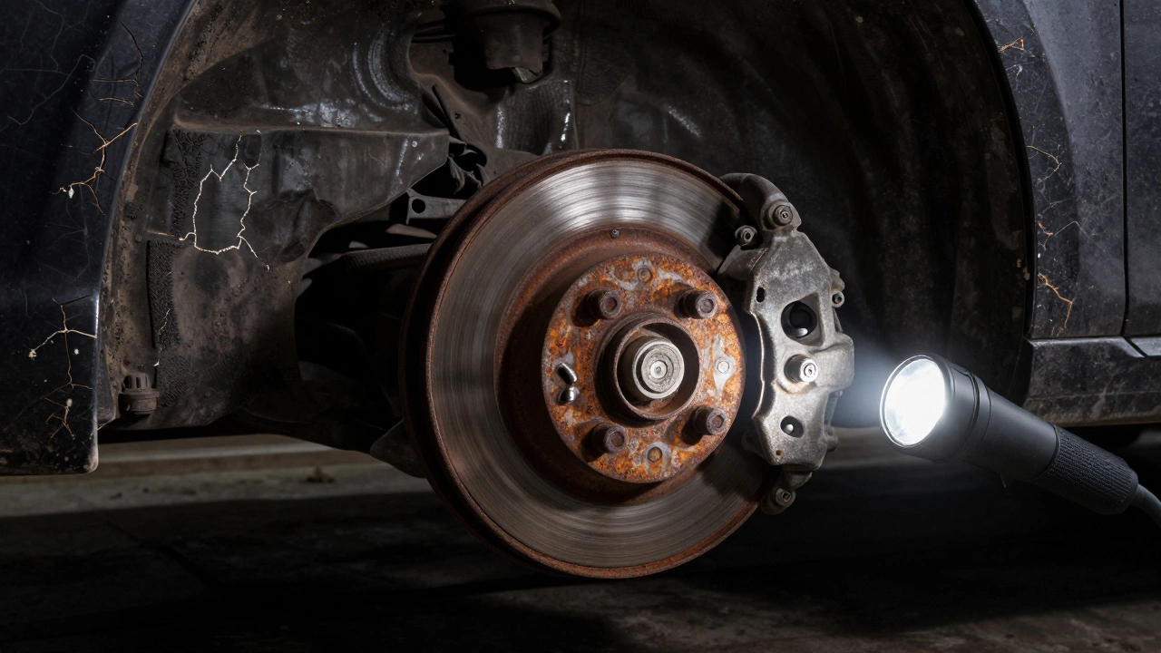 Потрескавшаяся шина и заржавевший тормозной диск автомобиля