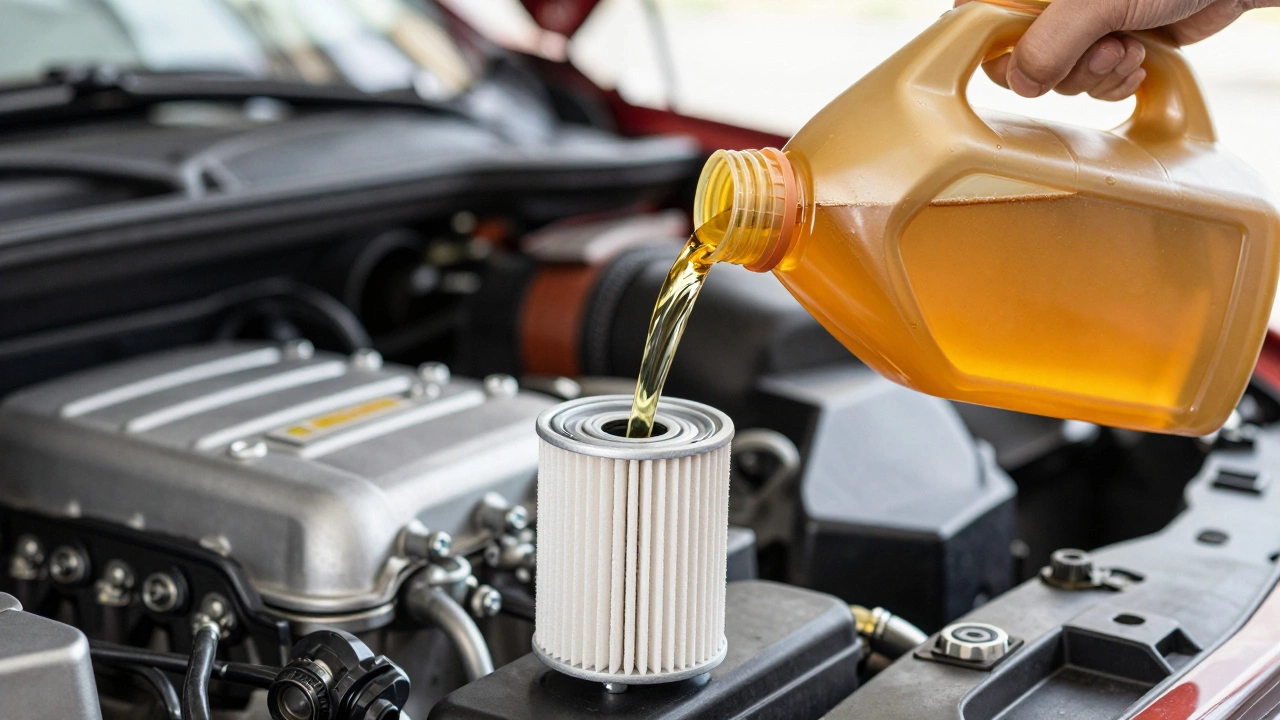 Процесс заливки свежего золотистого масла в двигатель с новым фильтром