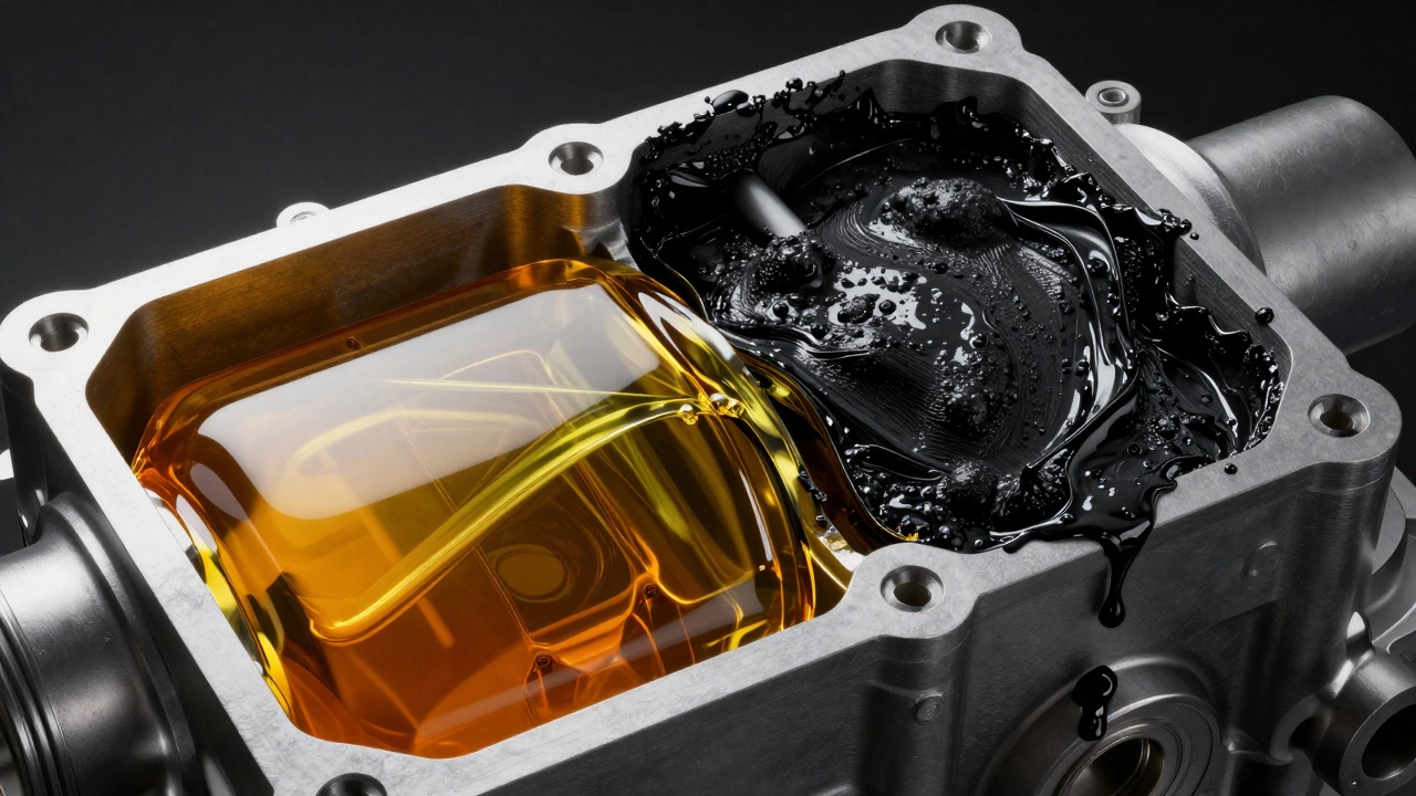 Сравнение чистого моторного масла и черного масляного шлама в двигателе