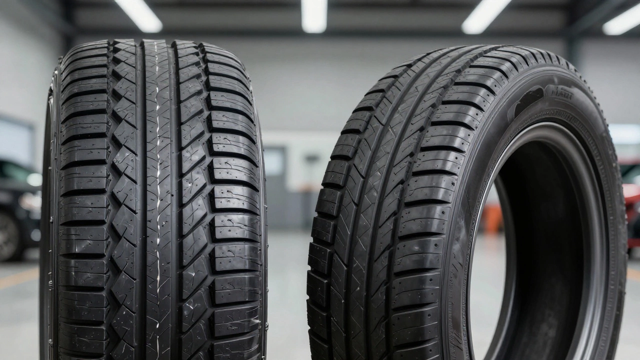 Сравнение новой шины с глубоким протектором и изношенной лысой шиной