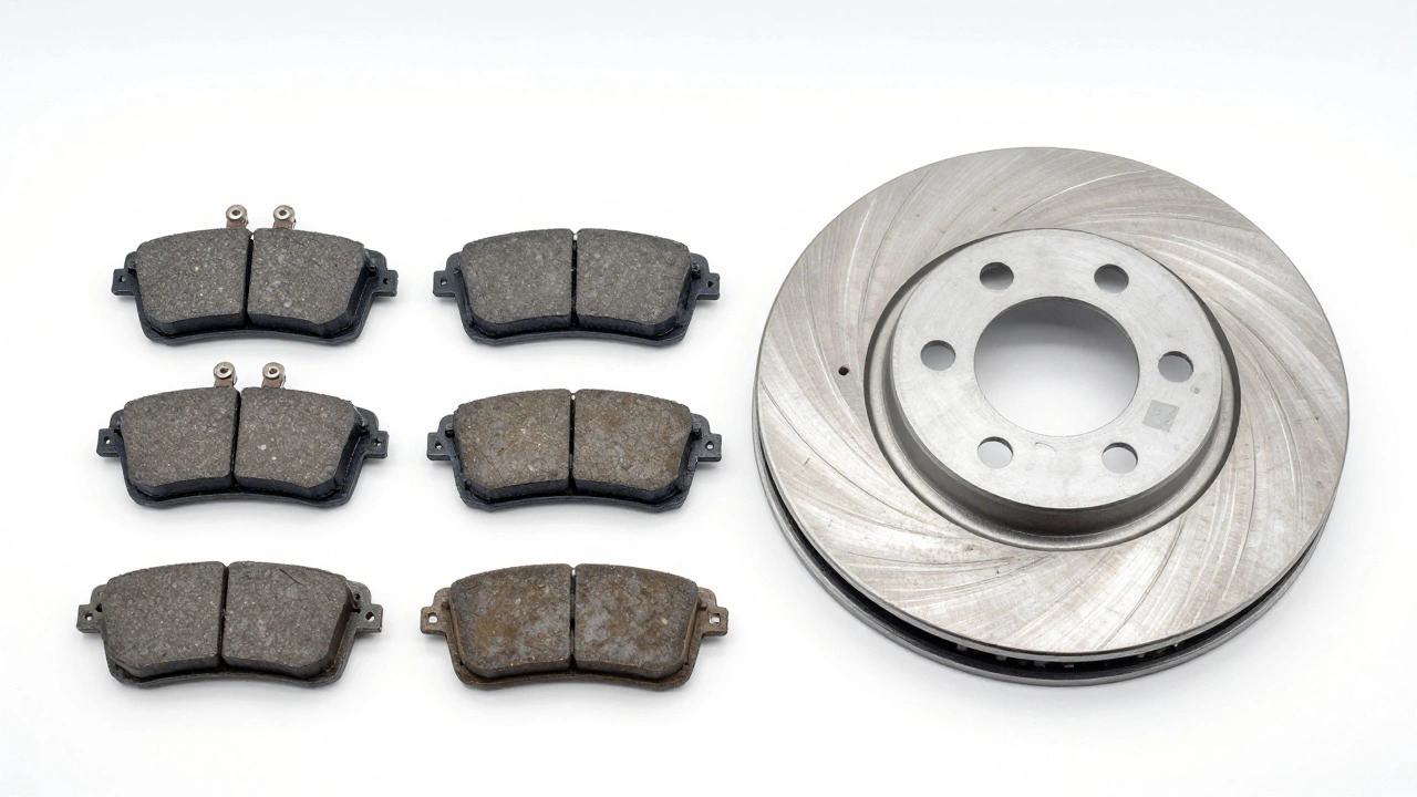 Сравнение новых и изношенных тормозных колодок и дисков на белом фоне