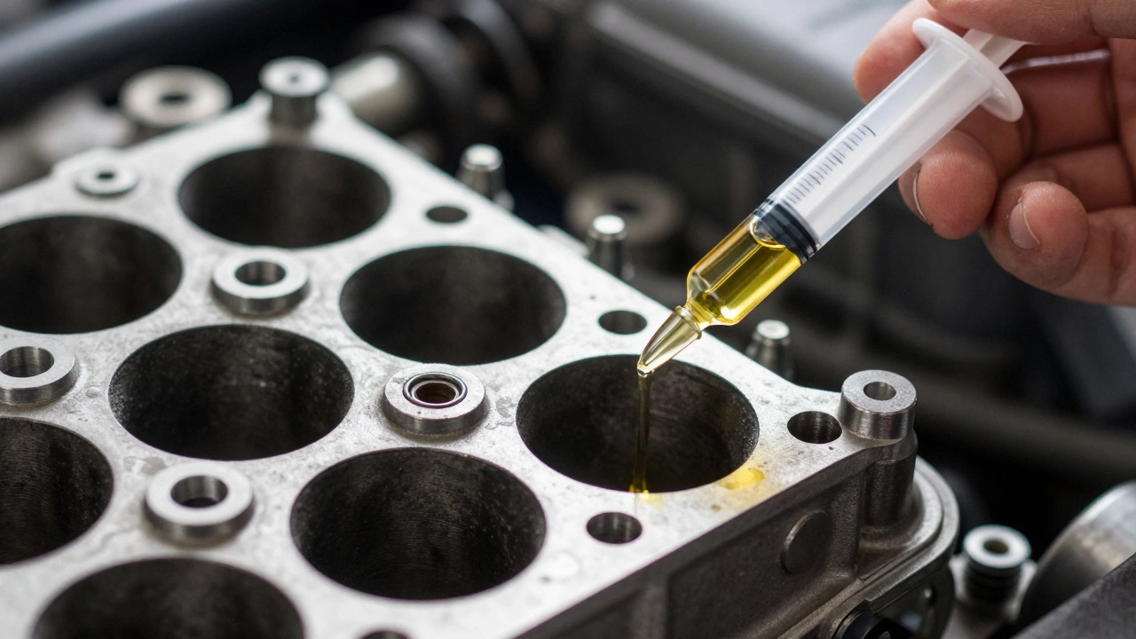 Заливка моторного масла в цилиндр двигателя через свечной колодец