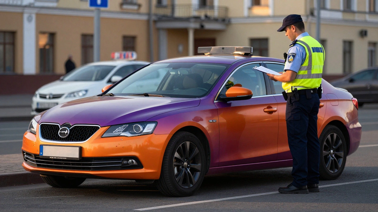 Полицейский проверяет оклеенный винилом автомобиль на улице