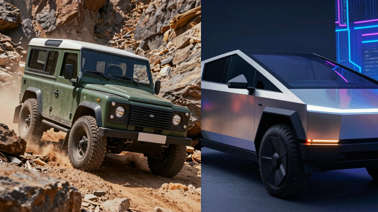 Сравнение старого Land Rover Defender и Tesla Cybertruck