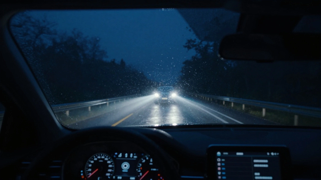Вид из салона авто ночью: мощные LED фары освещают мокрую дорогу