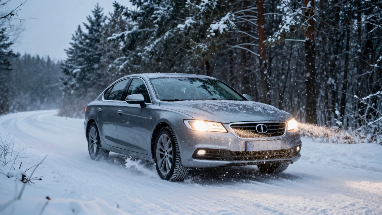 Автомобиль едет по заснеженной лесной дороге в сумерках