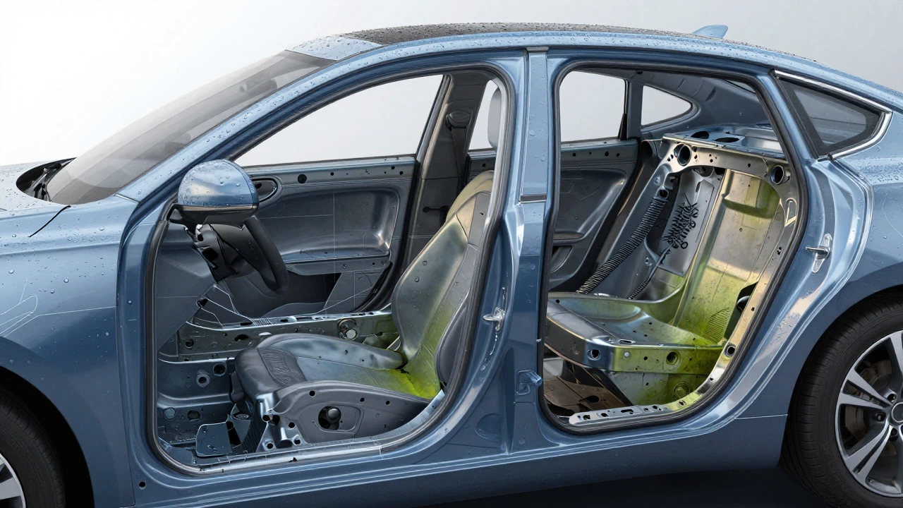 Cutaway view showing moisture inside hidden car body cavities