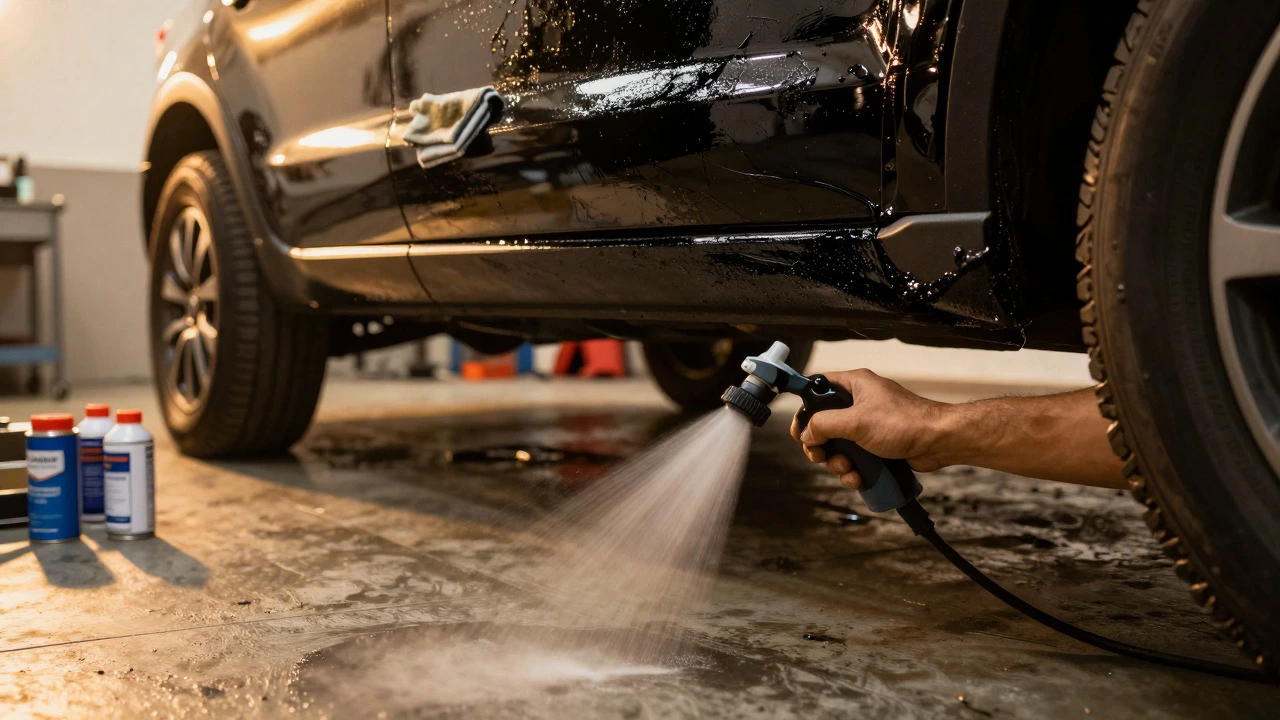 Mechanic applying bitumen protection to a car undercarriage